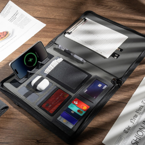 Leather Padfolio – Wireless Charging, Hidden Handle & Tablet Holder