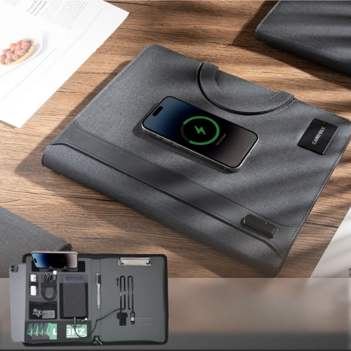 Leather Padfolio – Wireless Charging, Hidden Handle & Tablet Holder