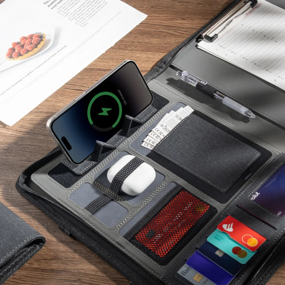 Leather Padfolio – Wireless Charging, Hidden Handle & Tablet Holder
